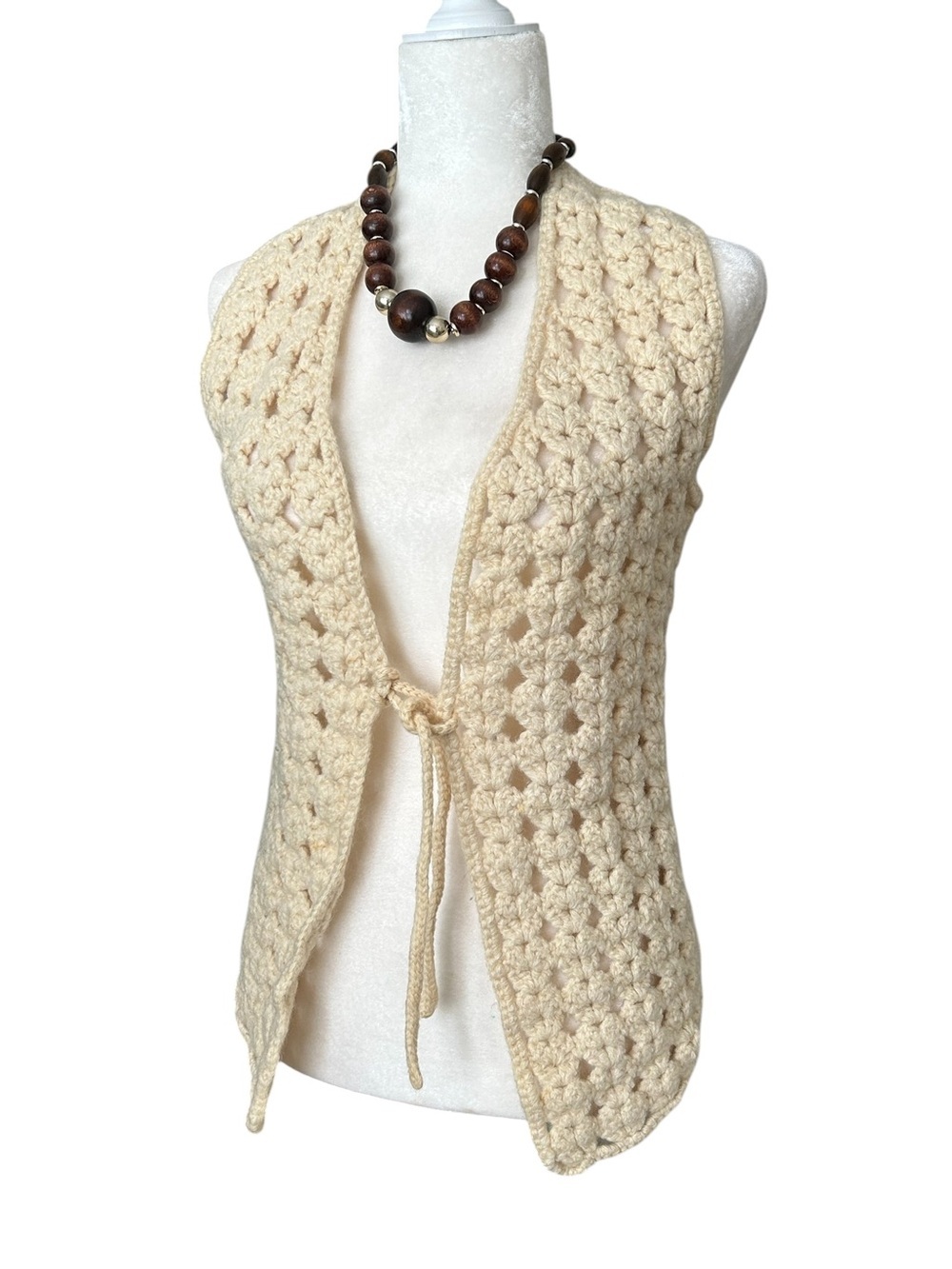 Handmade Crochet Wool Blend Vest Cream Open Front Size Small